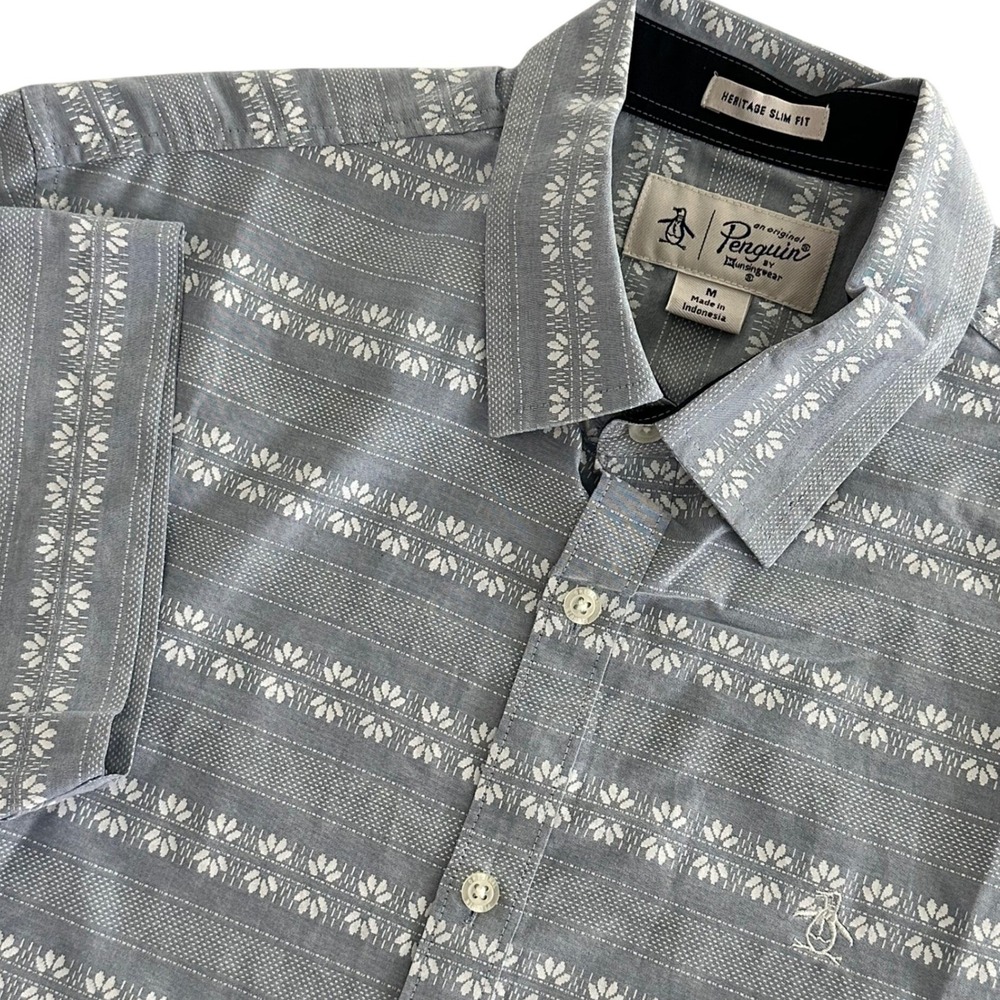 Original Penguin Heritage Slim Fit Short Sleeve Button Down Men's Medium Blue